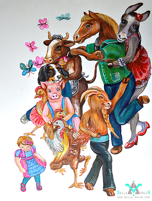 kinder buch mit tanzenden tieren illustration illustration with dancing animals, illustrator
