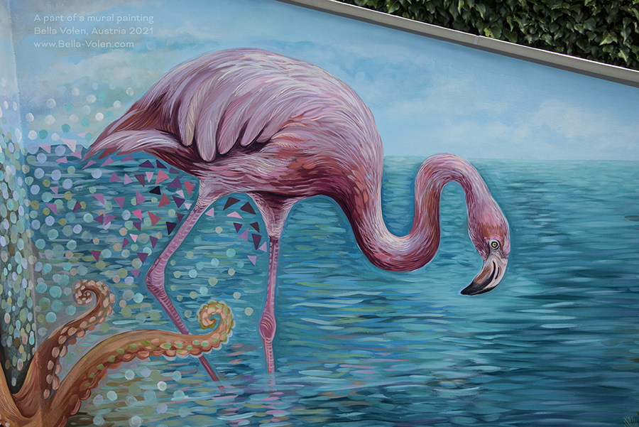 wandmalerei wien, flamingo gemaelde  wandmalerei in oesterreich flamingo und unterwasser welt malerei