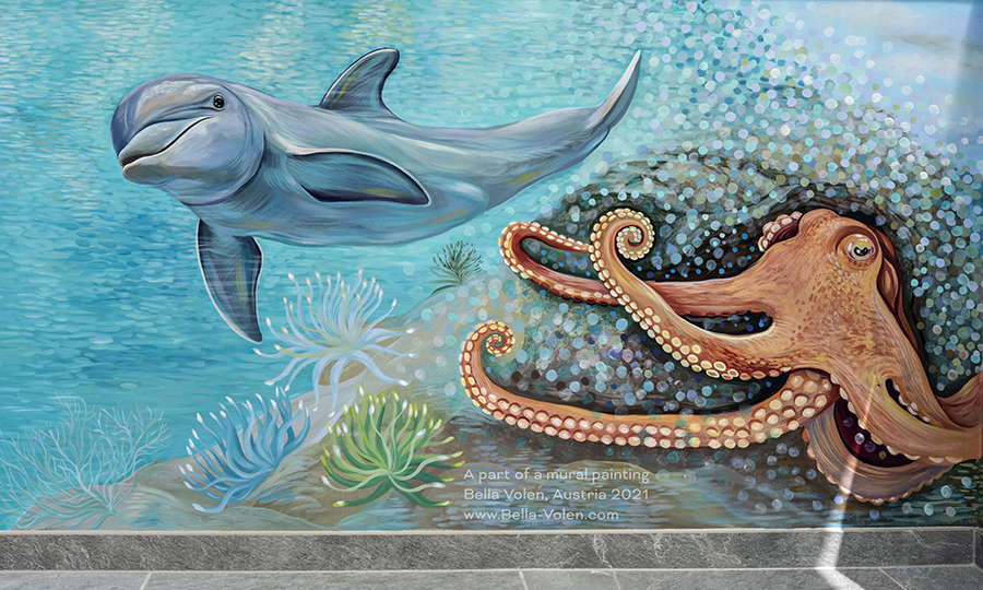 wandmalerei wien, delphin und krake wandbild wandmalerei in oesterreich tiere wandmalerei